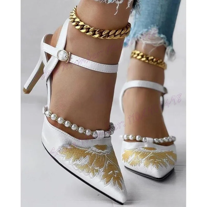 

White Satin Embroidery Pearl Decor Pumps Ankle Strap Pointed Toe Shoes for Women Thin High Heels Shoes 2025 Zapatos Para Mujere