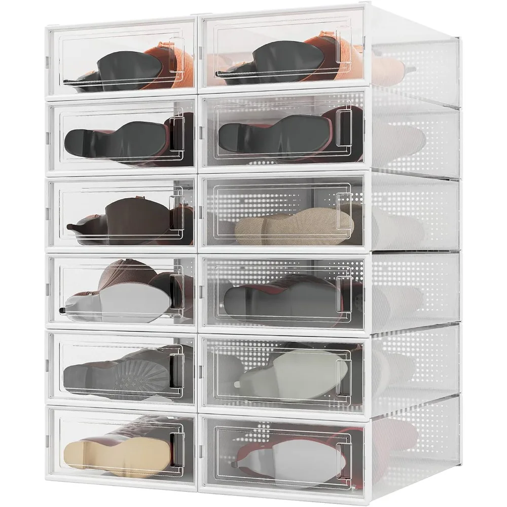 12-Piece Boot Shoe Storage Box Stackable Clear Plastic Shoe Organizer Shoerack Cabinet Rack Modern Living Room Furniture Home