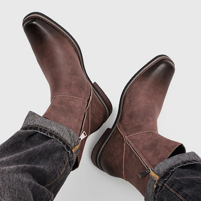Men Ankle Boots Side Zipper Retro Vintage Short Boots Fashion Casual Daily Wear Non Slip Block Heel Boot For Men