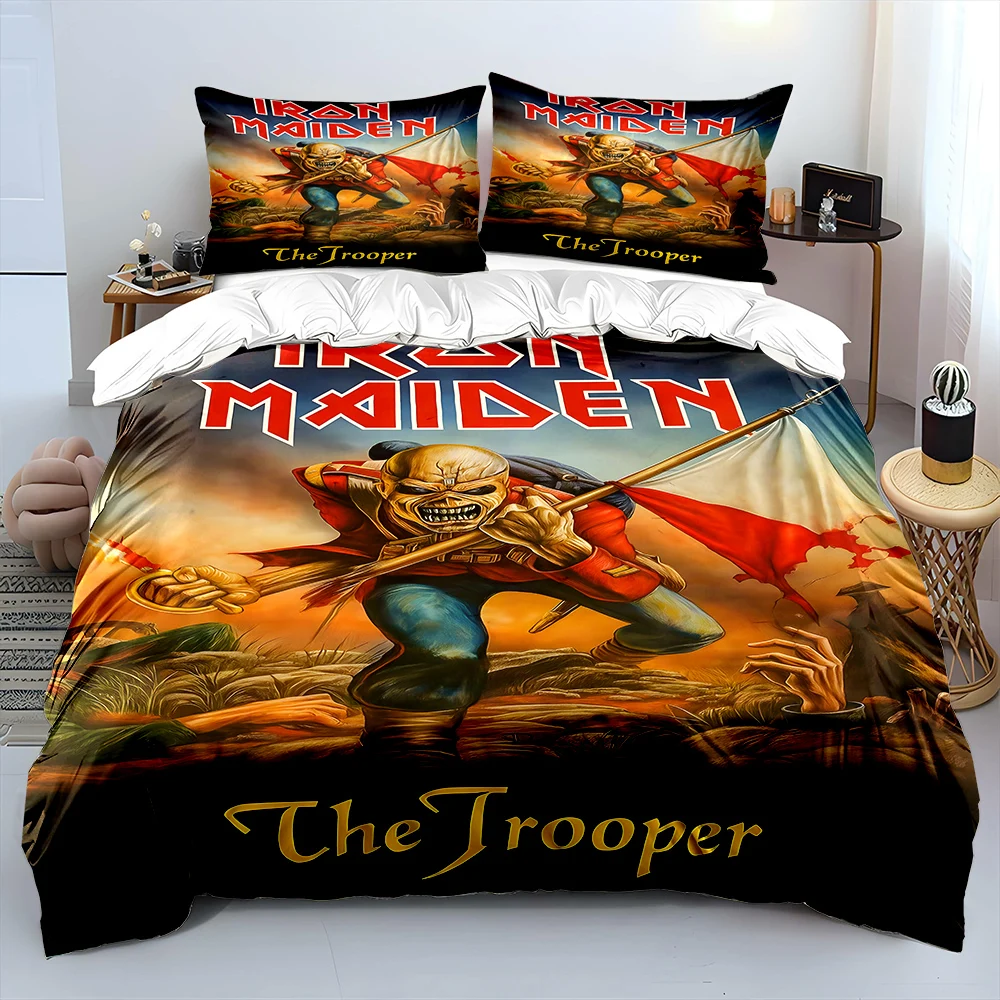 3PCS Fashion Rock 1R0n M-Ma1den Print Bedding Set 1 Duvet Cover 2 Pillowcases for Adult and Children Luxury Gift Full Size