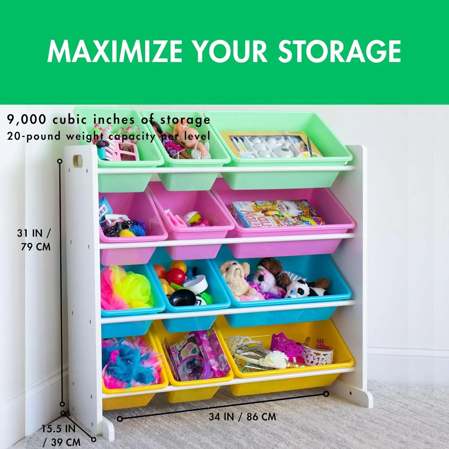 Kids Toy Storage Organizer with 12 Bins, White Pastel Color for Easy Cleanup and Child Development