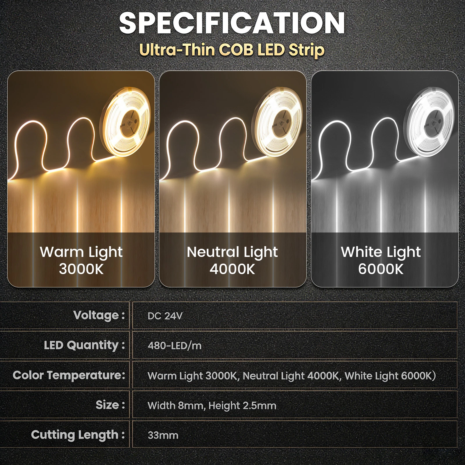Tuya WIFI COB LED Smart APP Remote Control 24V Strip Light Warm Natural White EU US UK AU Plug 480Led/M Flexible Tape Home Decor