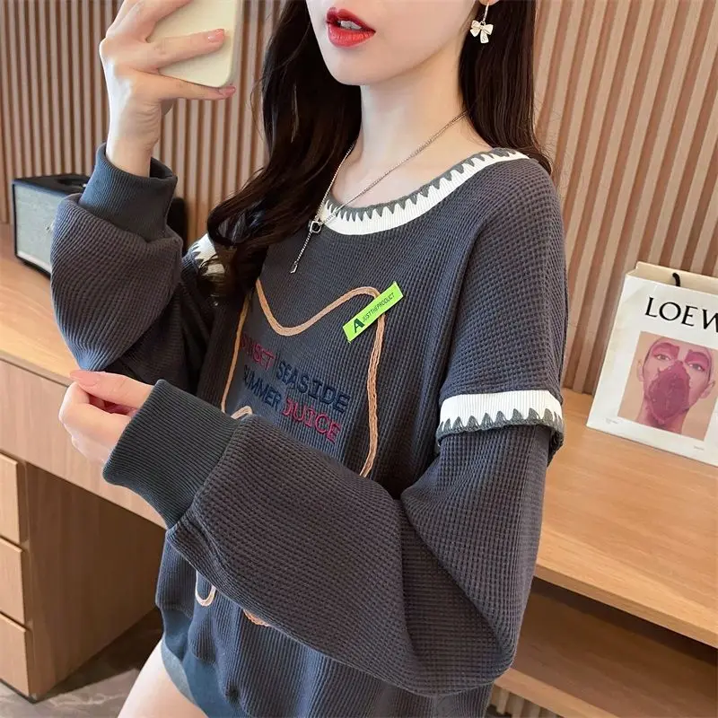 Female Fashion Korean Round Neck Patchwork Sweatshirts Autumn Winter Women\'s Clothing New Long Sleeve Loose Fake Two Pieces Top