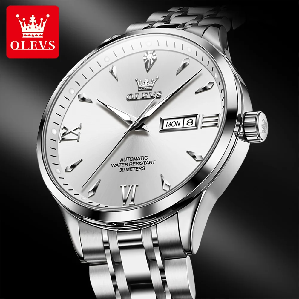 OLEVS 9956 Mens Watch Luxury Original Stainless Steel Automatic Mechanical Watch Waterproof Week Date Watches For Man Gifts