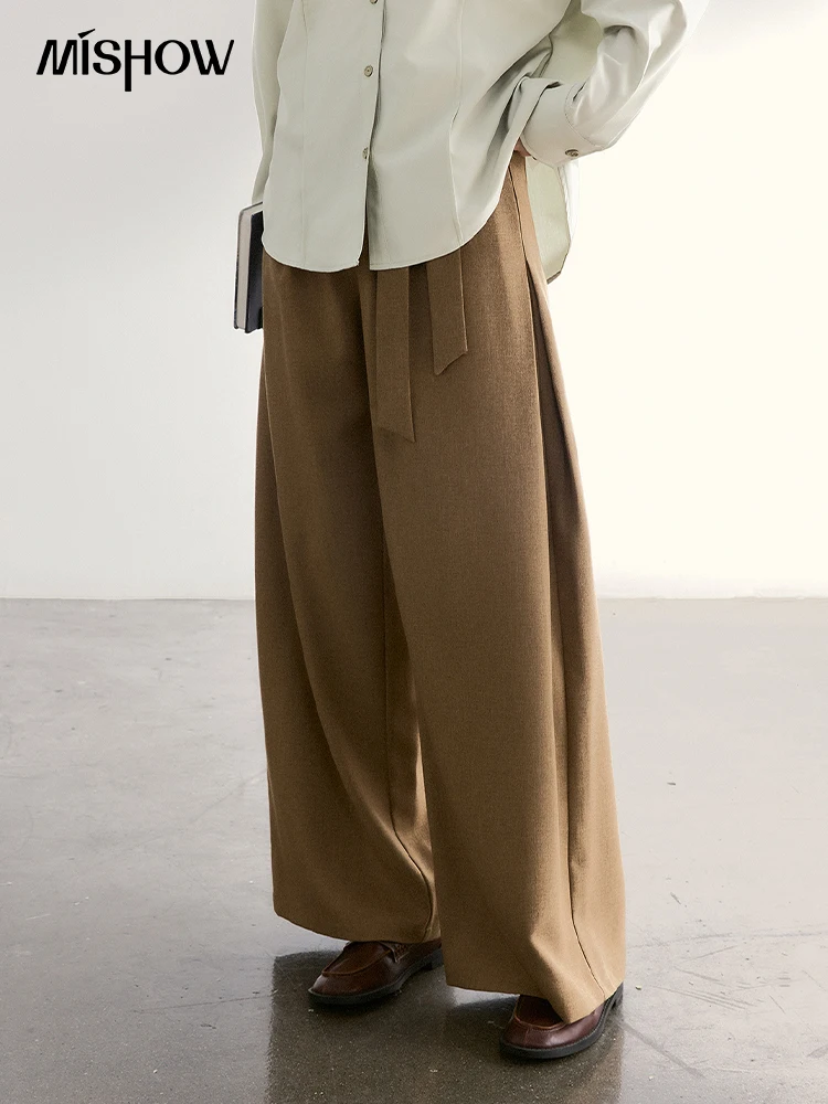 MISHOW Women's Strap Design Brown Wide Leg Pants Spring High Waist Back Elastic Waist Pants Casual Loose Trousers MXF11K1134