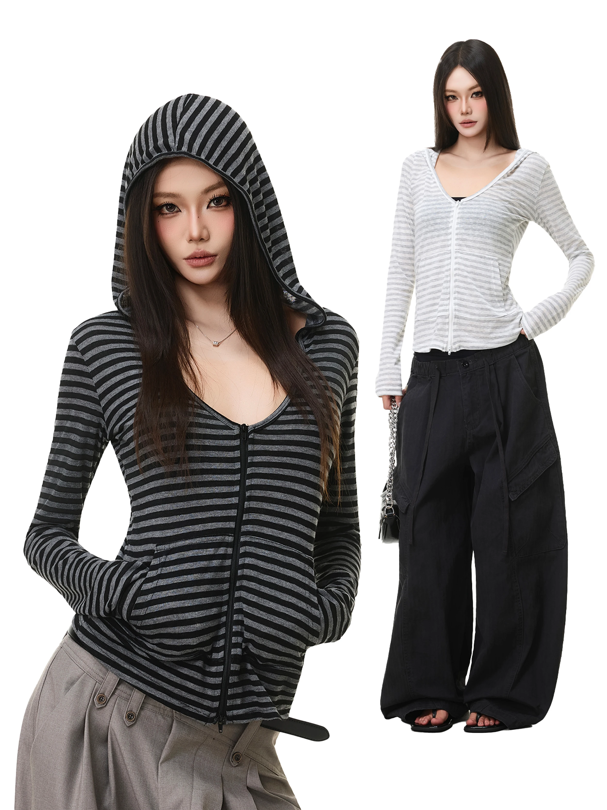 Retro American Lazy Striped Hooded Long Sleeve T-Shirt Early Autumn Slimming Fashionable Versatile Lyocell Top Ins Women's Fa...