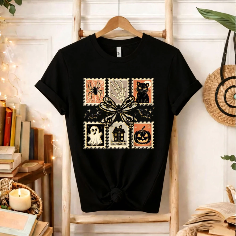 Halloween Stamp Collage Graphic T‑Shirt Spider Black Cat Ghost Pumpkin Haunted House Bow Bat Postage Stamp Holiday Casual Tops
