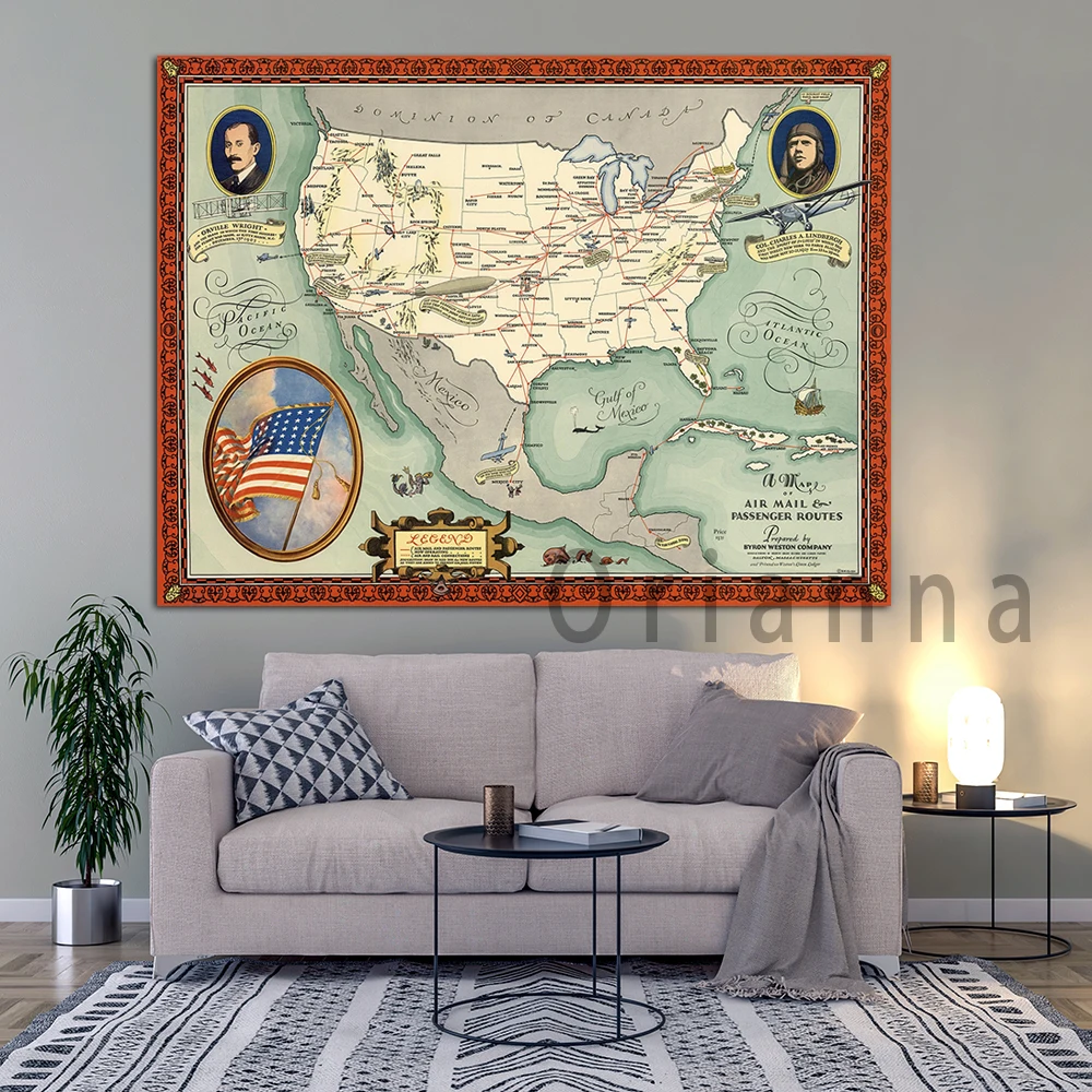 1930 Vintage American Air Mail Map Usa Passenger Routes World City Map Wall Art Prints Posters Living Room Decor Painting Gift