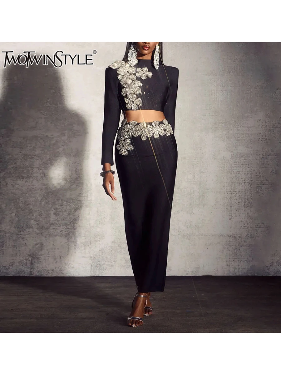 TWOTWINSTYLE Solid Spliced Diamonds Two Piece Set For Women O Neck Long Sleeve Top High Waist Slim Skirt Sets Female Fashion New