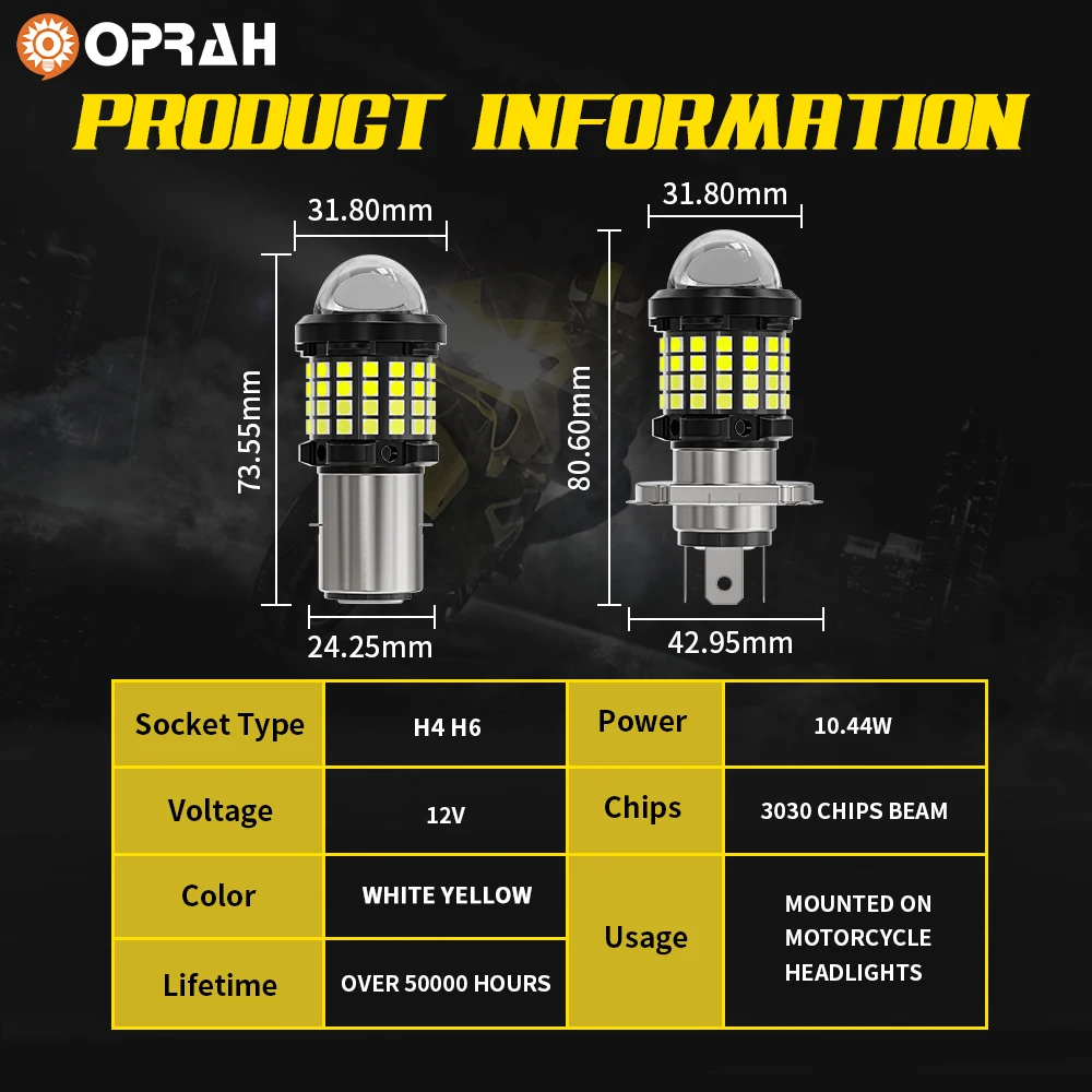 Oprah 1pcs LED Headlight Bulbs For Motorcycle Super Bright LED H4 H6 BA20D Spotlight With HD Lens Moto ATV Accessories Fog Light