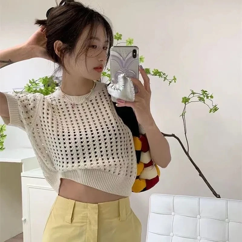 Sexy Girl Chic Crop Top Short Sleeve T-Shirt Mesh Women Clothing Knitting Cut Out Loose Urbane Casual Aesthetic Summer 2024 New