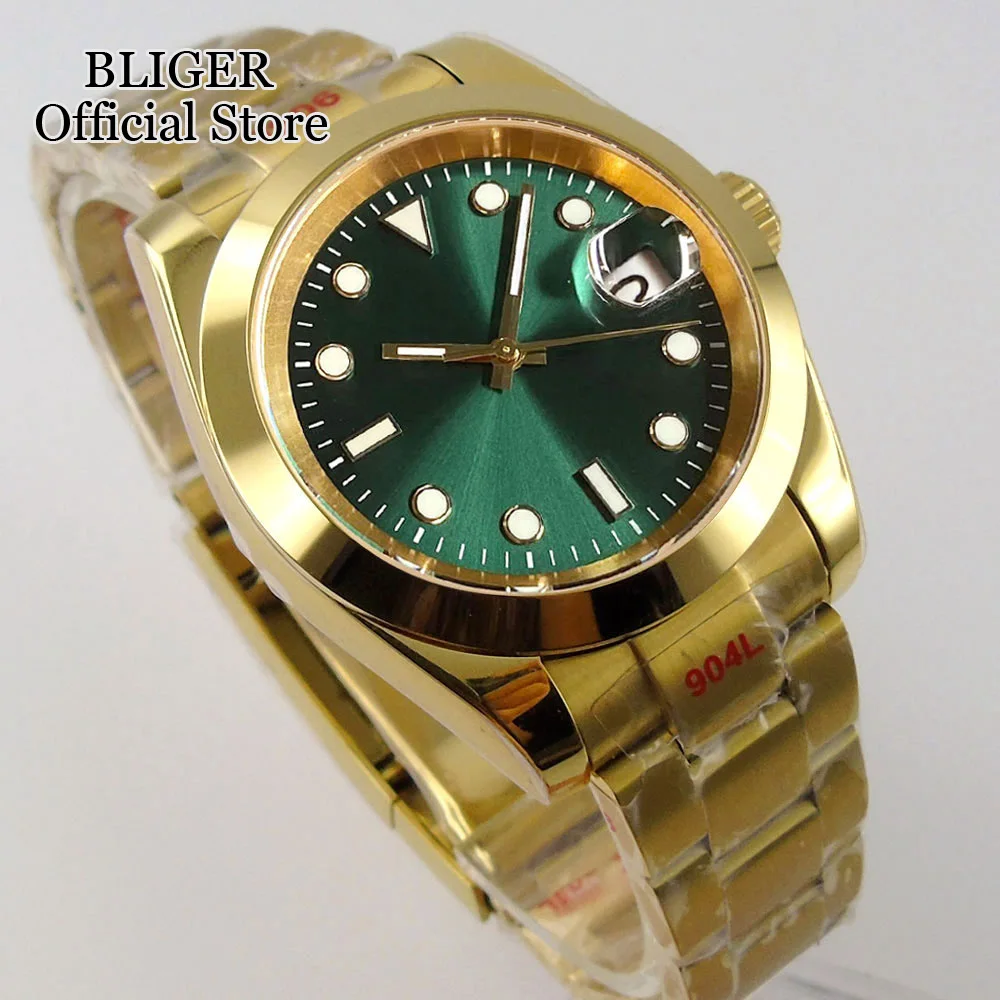 BLIGER 36mm 39mm Two Tone Gold Coating Selfwinding Mens Watch NH35A Sunburst Green Dial Steel Band Auto Date Elegant Style New