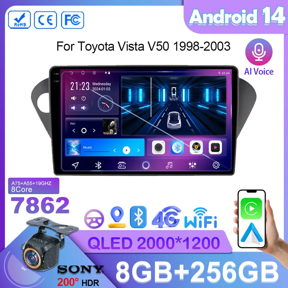 Car Android 14 Carplay For Toyota Vista V50 1998-2003 Stereo Head Unit Multimedia Video Player Wireless GPS Navigation 5G WIFI