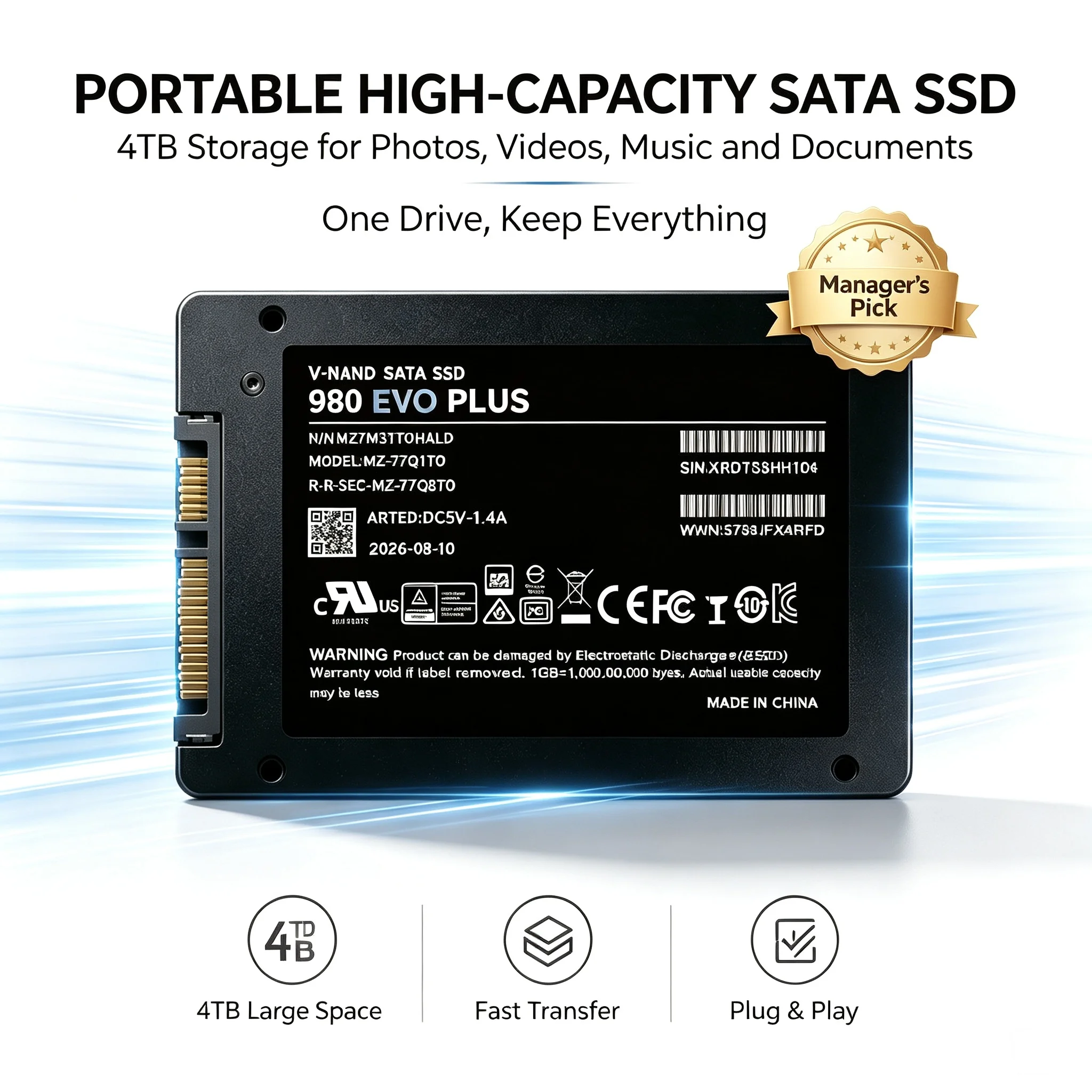 Latest 980 EVO Plus 2.5-Inch SATA3 SSD, Built-in Solid State Drive, 500GB/4TB/2TB/1TB, Hard Drive, Laptop, PC, Desktop.