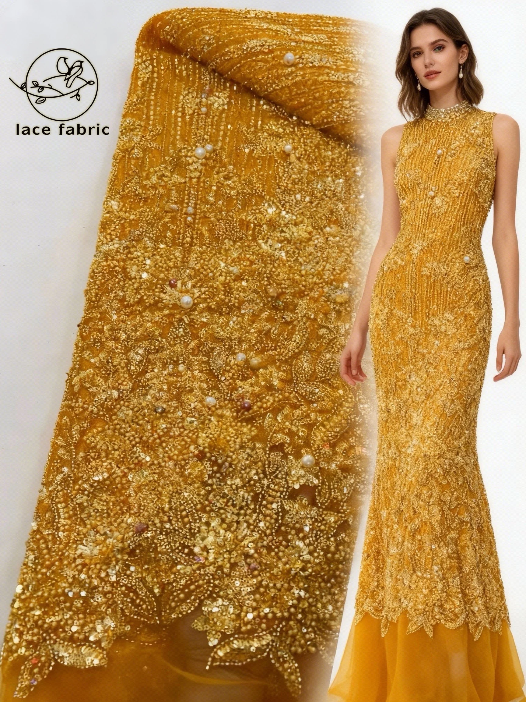 

Elegant African Embroidered Beaded Lace Fabric Gold 2026 French Luxury Sequins Tulle Lace Fabric Ladies Nigerian Wedding Dress