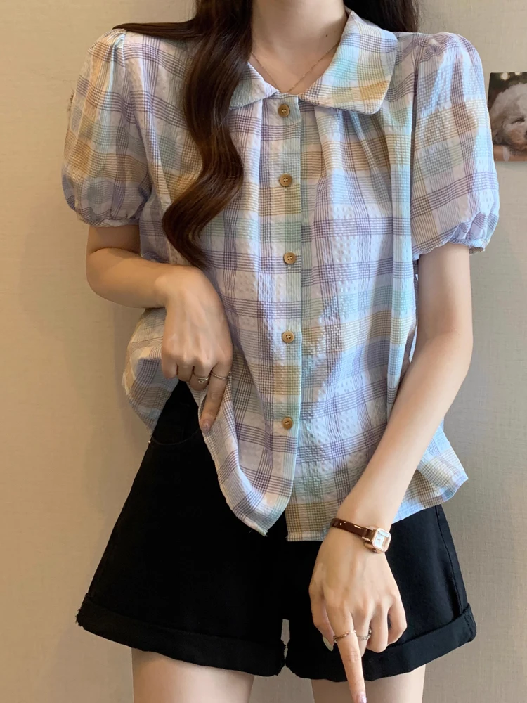 

Plaid Doll Collar ort Sve irt Women Summer plus Size Slimming Belly Cover Sli Top Age-Defng Blouse