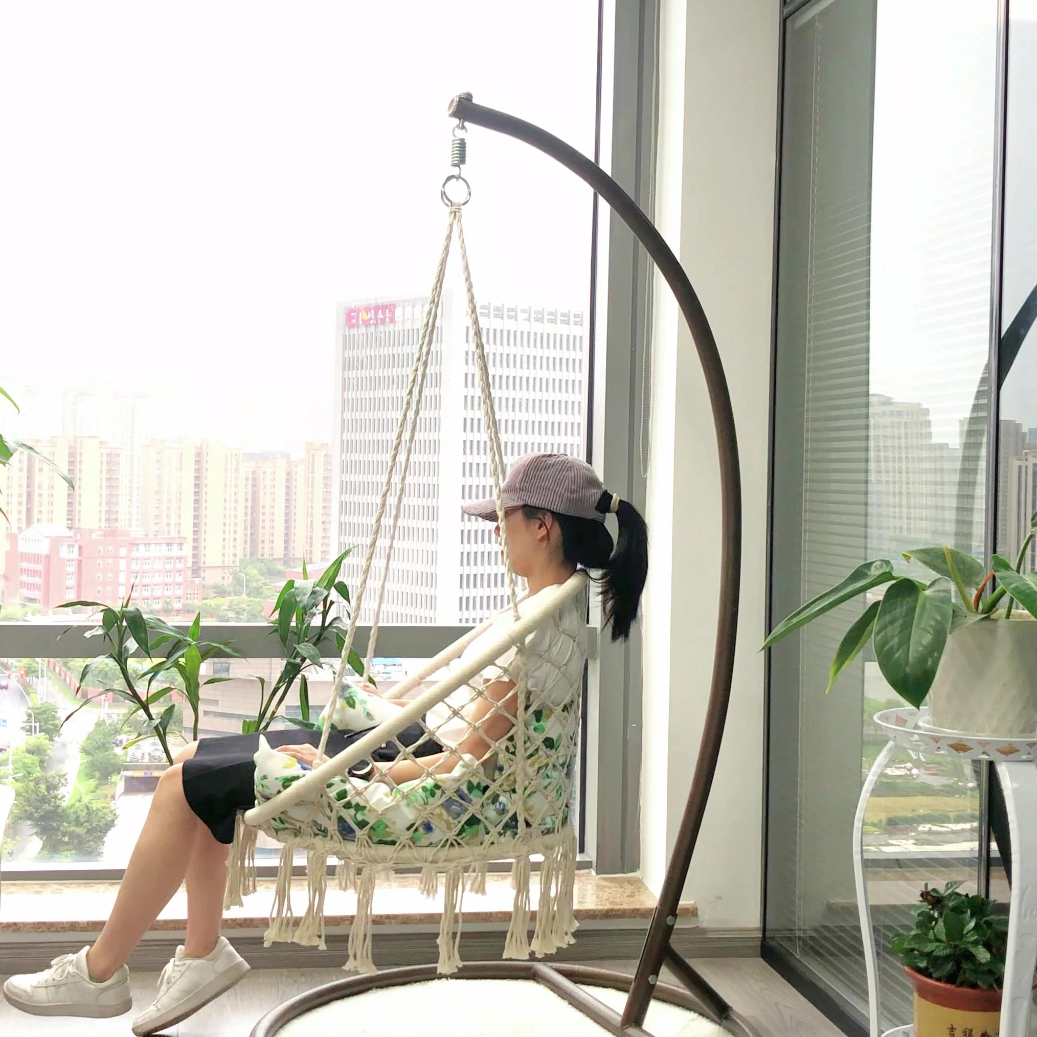 

Hanging Chairs for Indoor and Outdoor Hammock Chair Macrame Swing Hanging Cotton Rope Swing Chair with Cushion and Hardware Kits