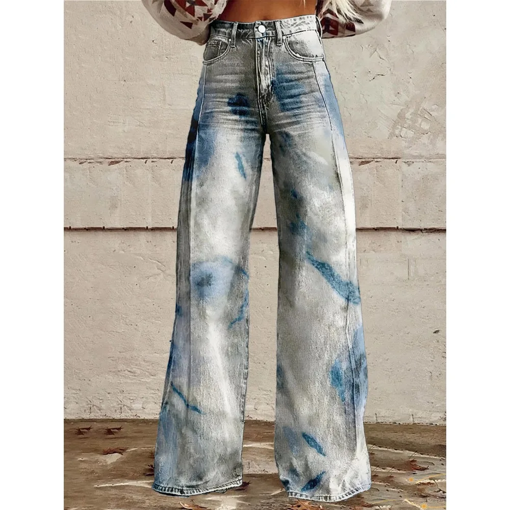 

Женские широкие брюки с высокой талией, сексуальные брюки-клеш с художественным чернильным принтом, уникальная богемная шикарная повседневная уличная одежда