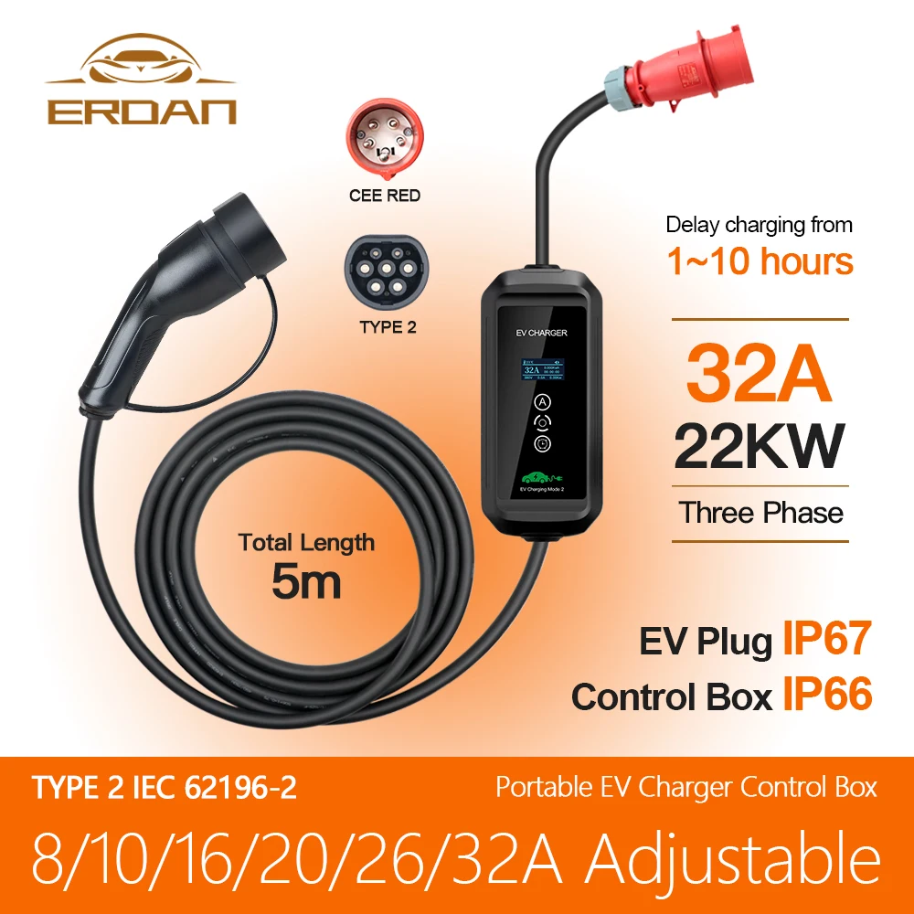 

ERDAN Adjustable Current 22KW Type 2 EV Charger 32A IEC 62196-2 WallBox Charging Cable For Electric Vehicles