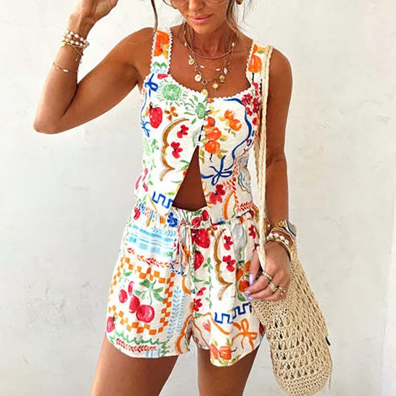 

Винтажный узор с принтом, летние каникулы, женские весенние топы и шорты с квадратным воротником и пуговицами, сексуальный костюм с открытой спиной, полый комплект из 2 предметов