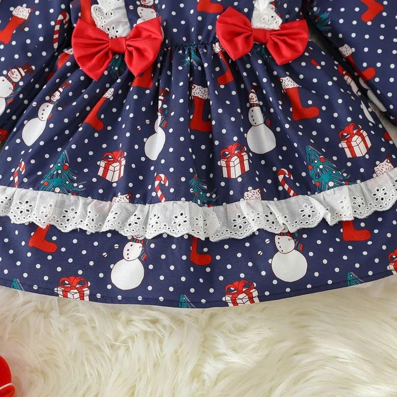 1-4T Toddler Girls Christmas Blue Dress  Snowman Print Round Neck Long Sleeve Lace Bow Decorated Ruffled A-Line Dress