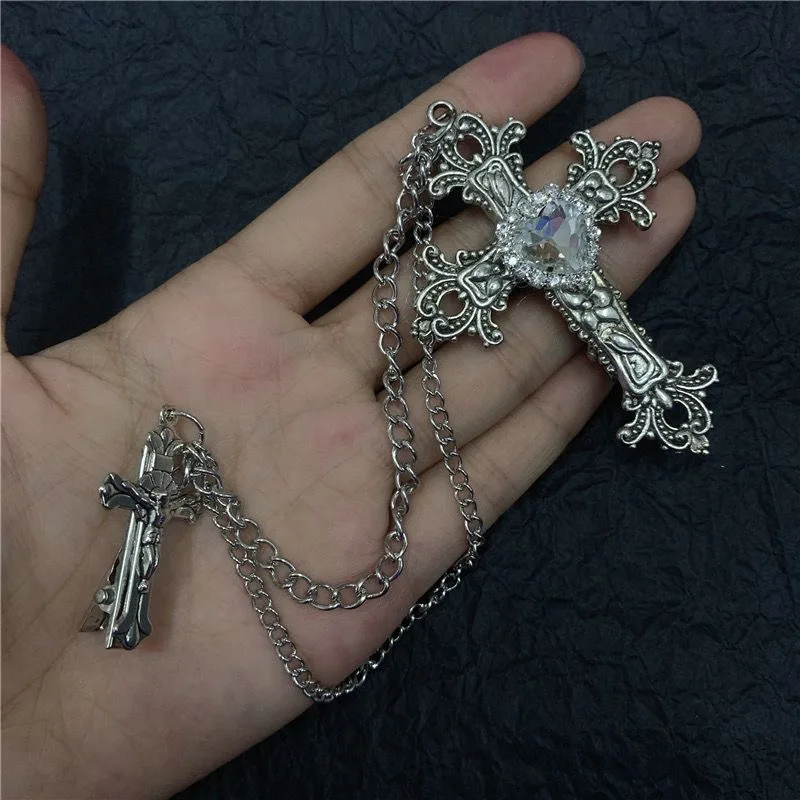 Y2K Fermaglio per capelli con catena a croce in cristallo punk per donna Uomo Camicia gotica Spilla Accessorio per abbigliamento Gioielli Regalo per feste
