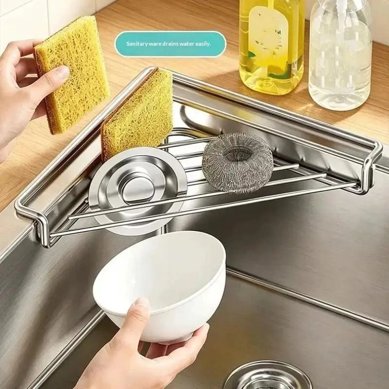 Triangular Sink Drain Rack Stainless Steel Sink Caddy Organizer Drainable Large Capacity Multifunctional Kitchen Sink Organizer