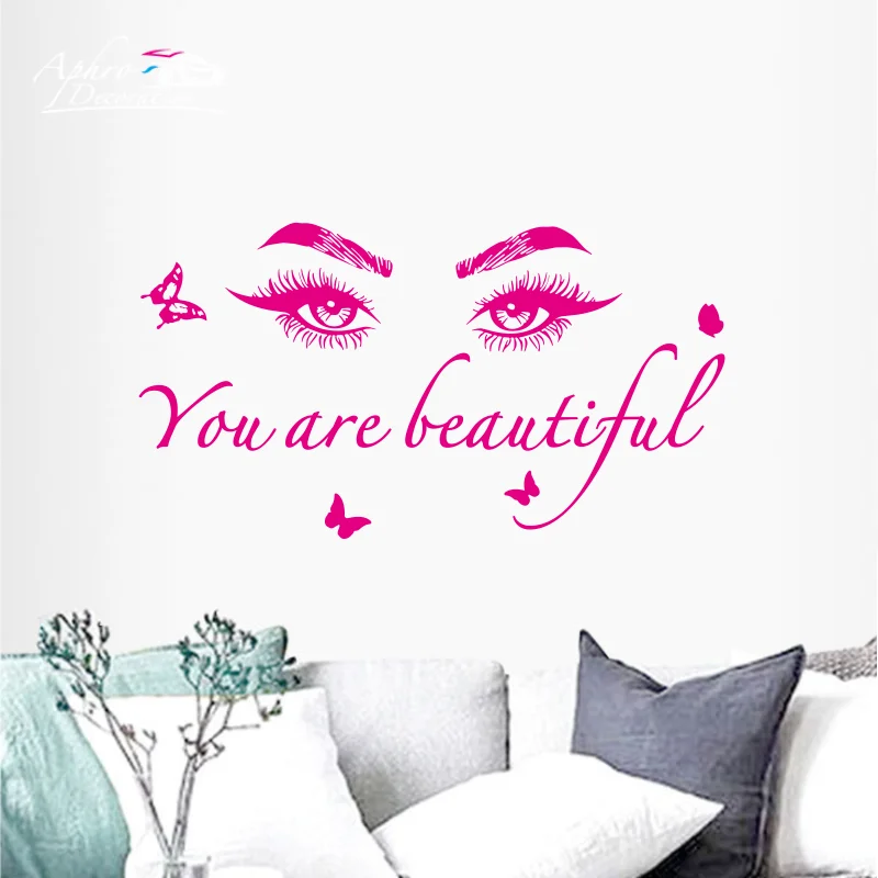 

1 pc beautiful lash for salon with butterfly Wall Sticker Pvc Wall Art Stickers Modern Fashion Wallsticker for hairdress #618