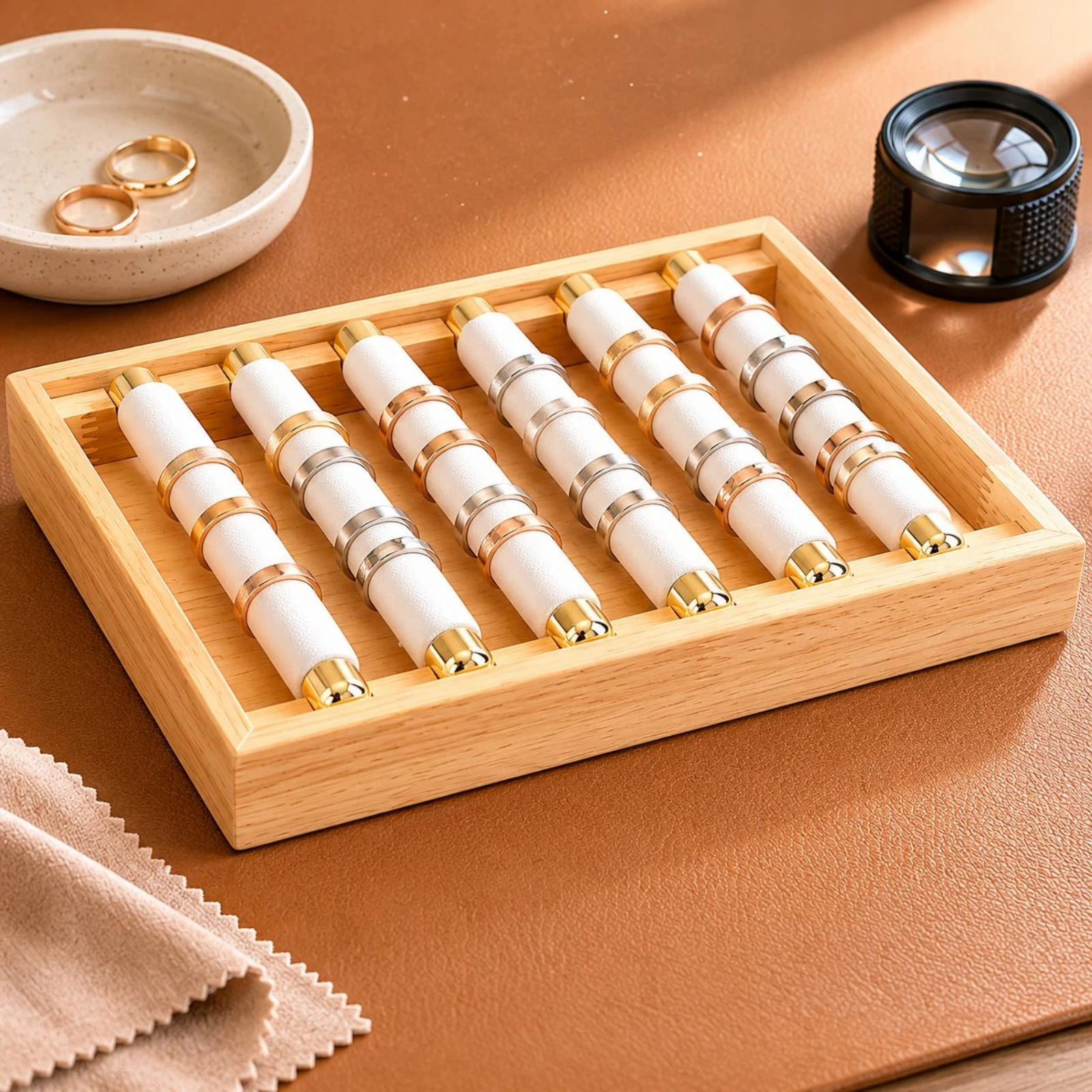 Band Display Tray Cloth-Covered-Wrapped Wooden Band Tray Natural Wood Finish Metal-Capped