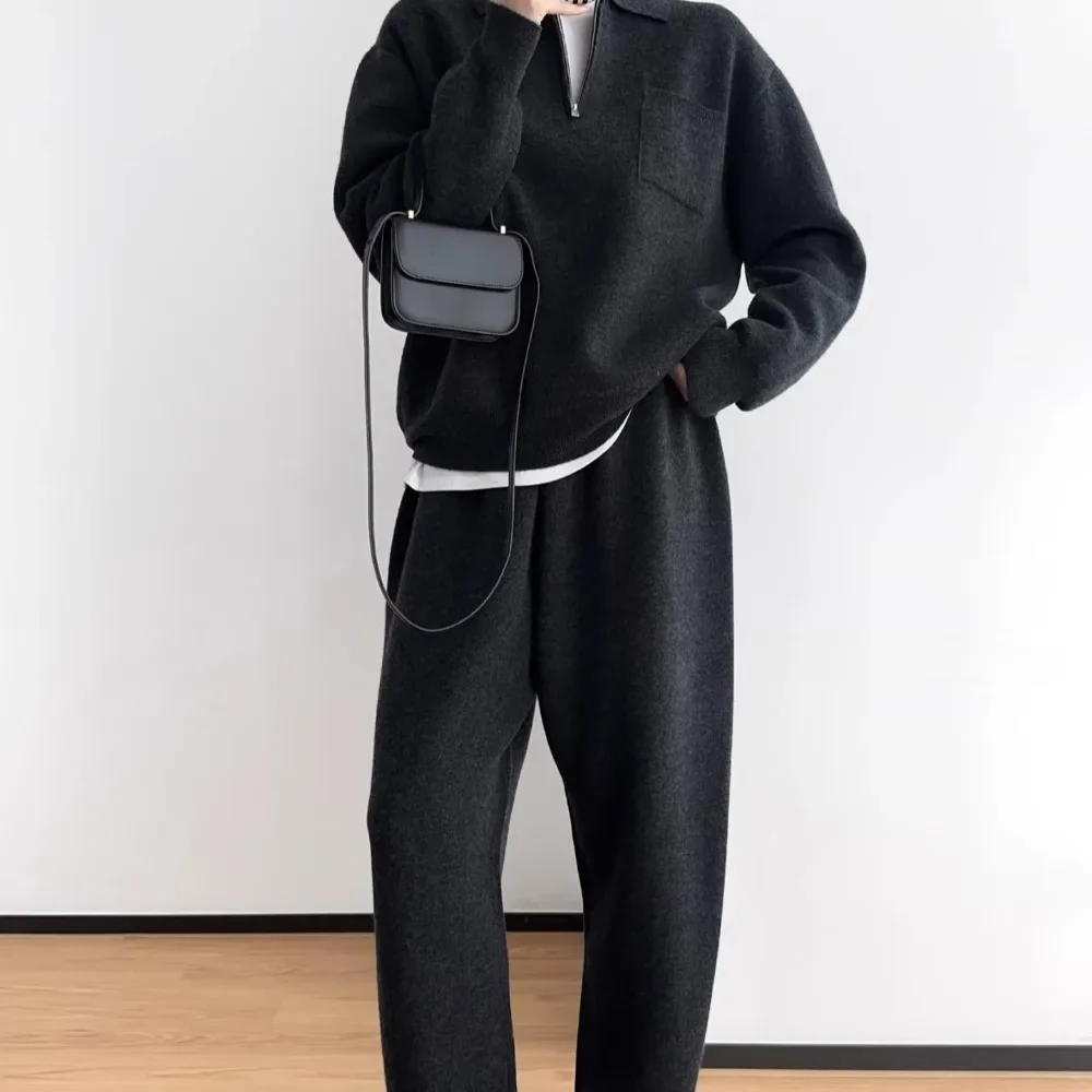 Italian Wool and Cashmere Half-zip Oversized Sweater Tapered Track Pants Set