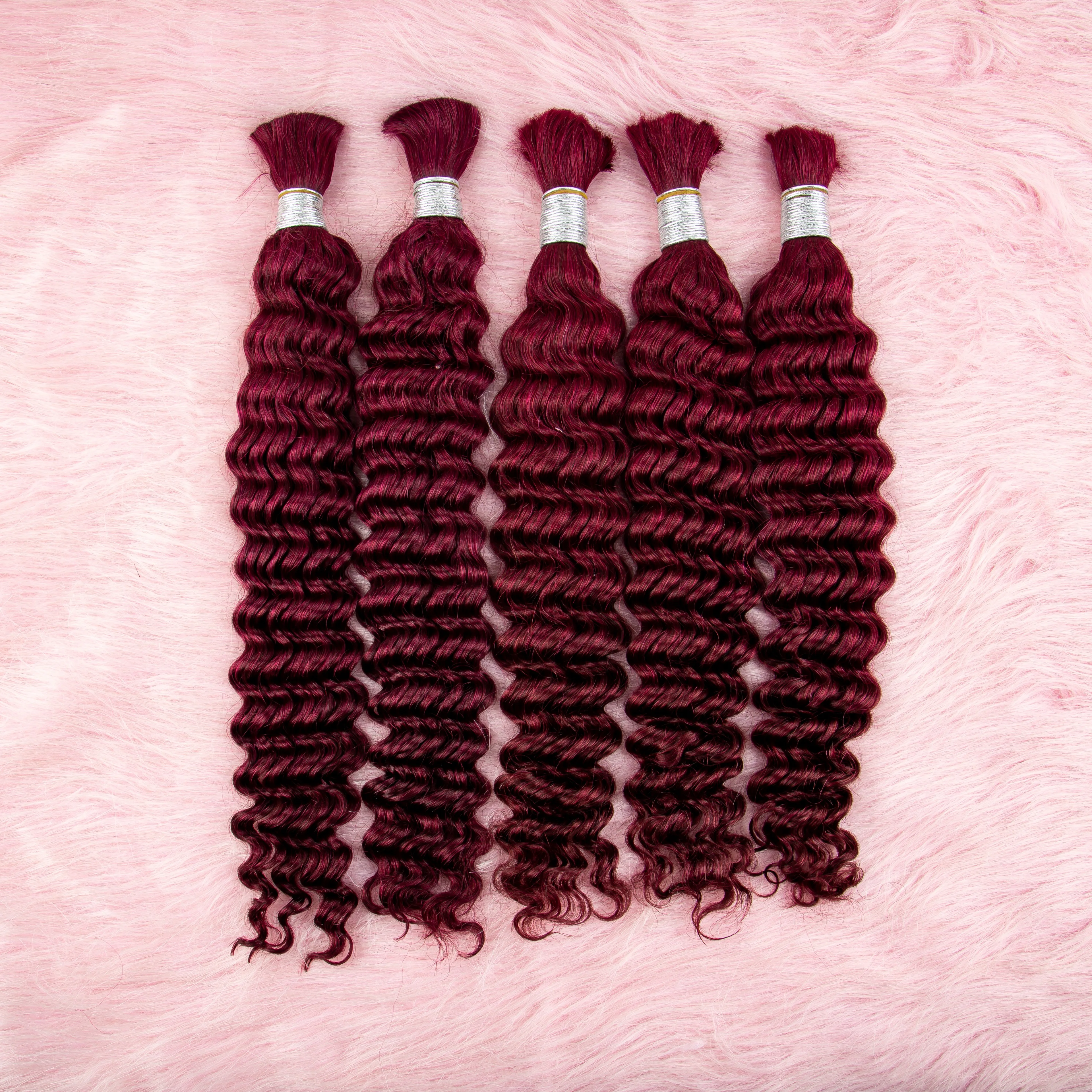 Burgundy 20 22 Inch 100% Real Human Hair Bulk for Boho Braiding Deep Wave Curly Virgin Hair Bundles for Braided Hair Extensions