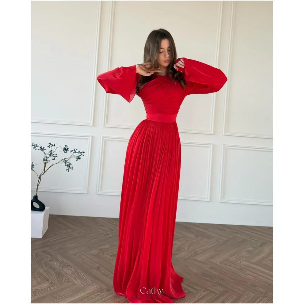 

Cathy Red A-line Bell Sleeves Pearl Chiffon Wedding Dresses Pleats vestidos de noche Floor-Length Customized Formal Evening 2024