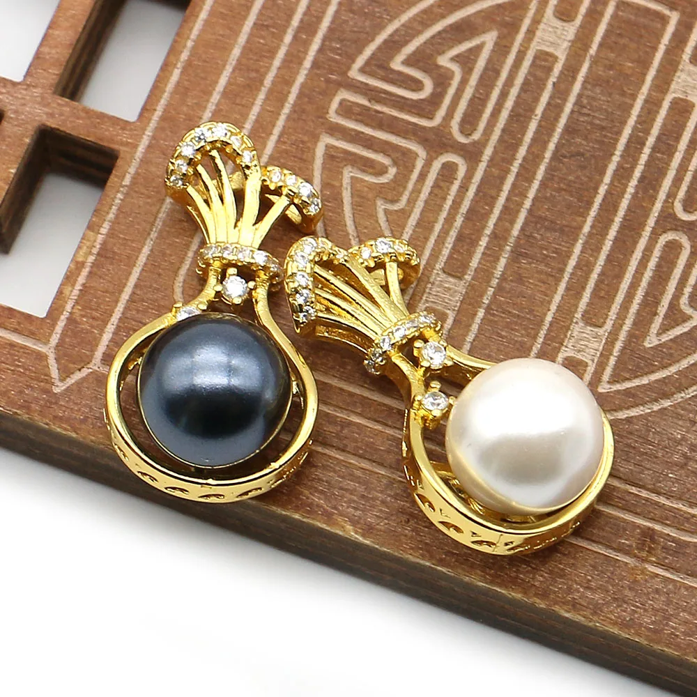 Round Shell Pearl Pendants Lucky Bag Shape Cut Out Inlaid Imitation Pearl Design Charms DIY Necklace Jewelry Accessory 1 Pc/pack