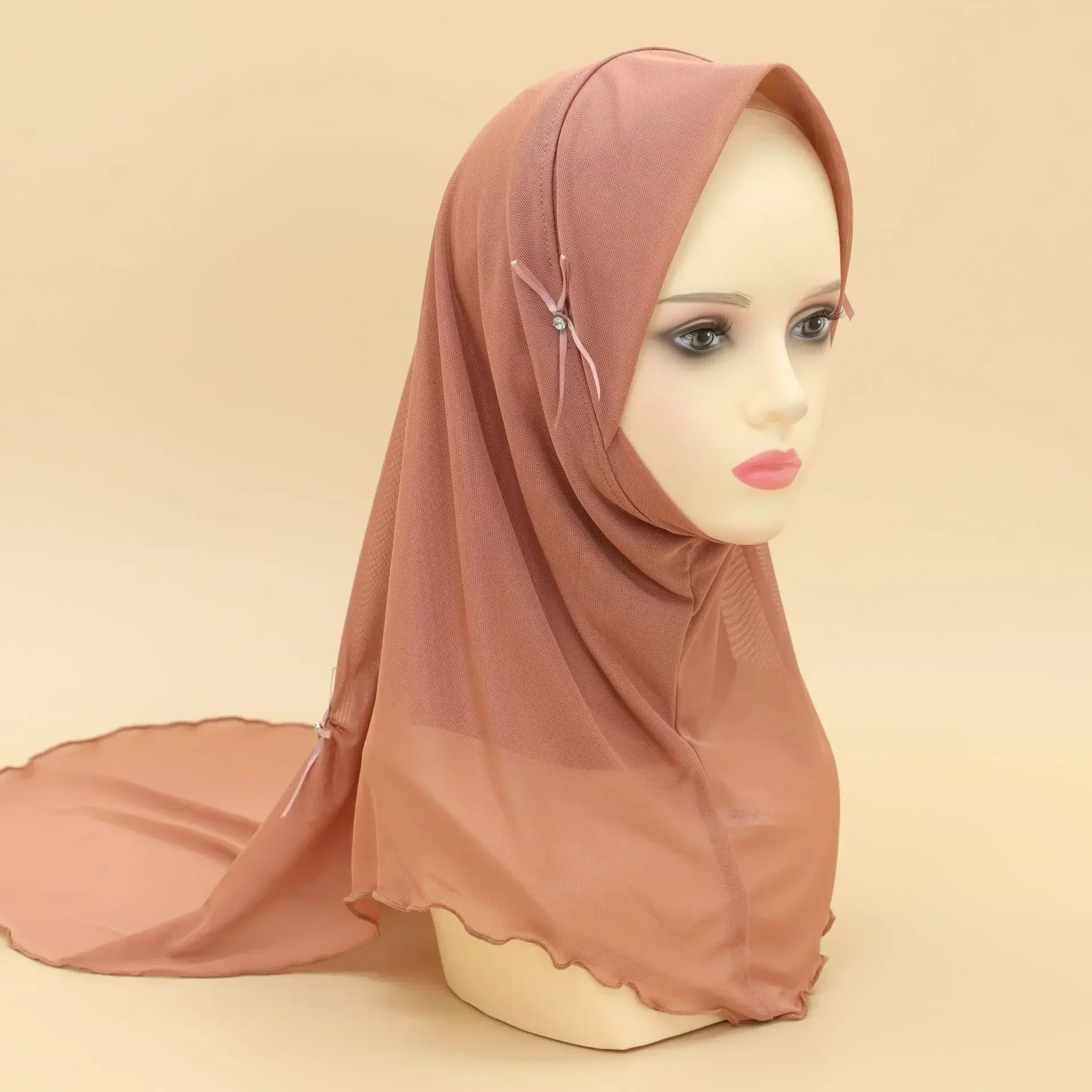 

One Piece Amira Muslim Hijab Women Diamonds Chiffon Bow Headscarf Turban Pull On Ready Made Head Wrap Veil Niqab Nikab Headwear