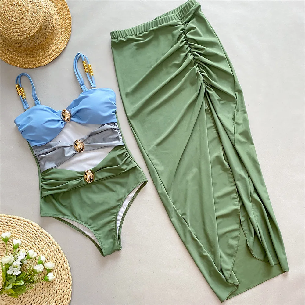 

Light Green Contrast Hollow Out Swimwear Cover Up One Piece Sexy Swimsuit Women 2025 Hollow Out Monokini Bathing Suit Beach Wear