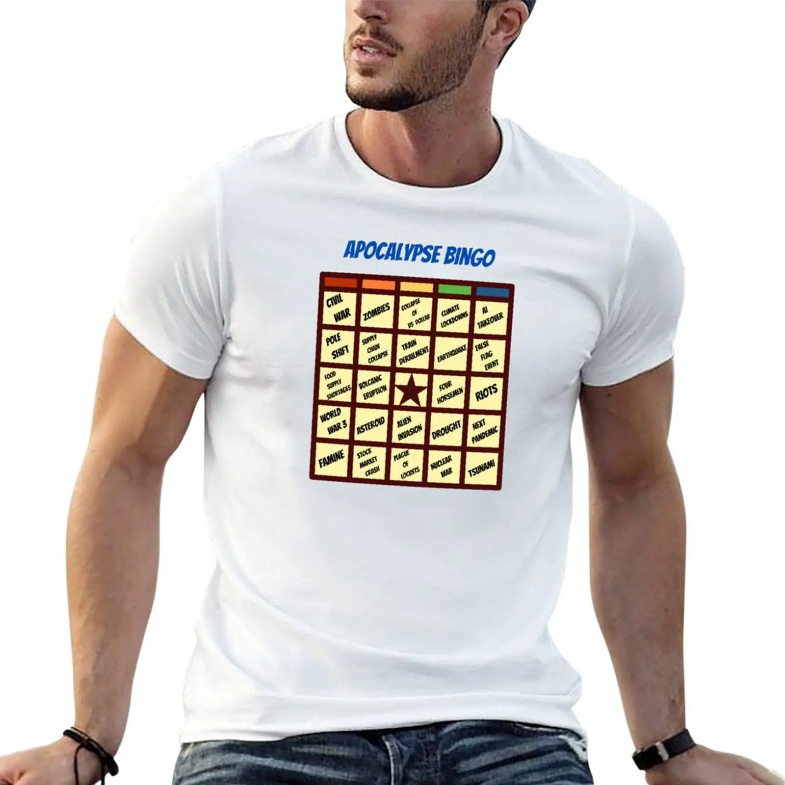 

Apocalypse Bingo Survivalist Inspired Humor for End Times Doomsday Prepper T-Shirt man t shirt heavy cotton T-Shirt