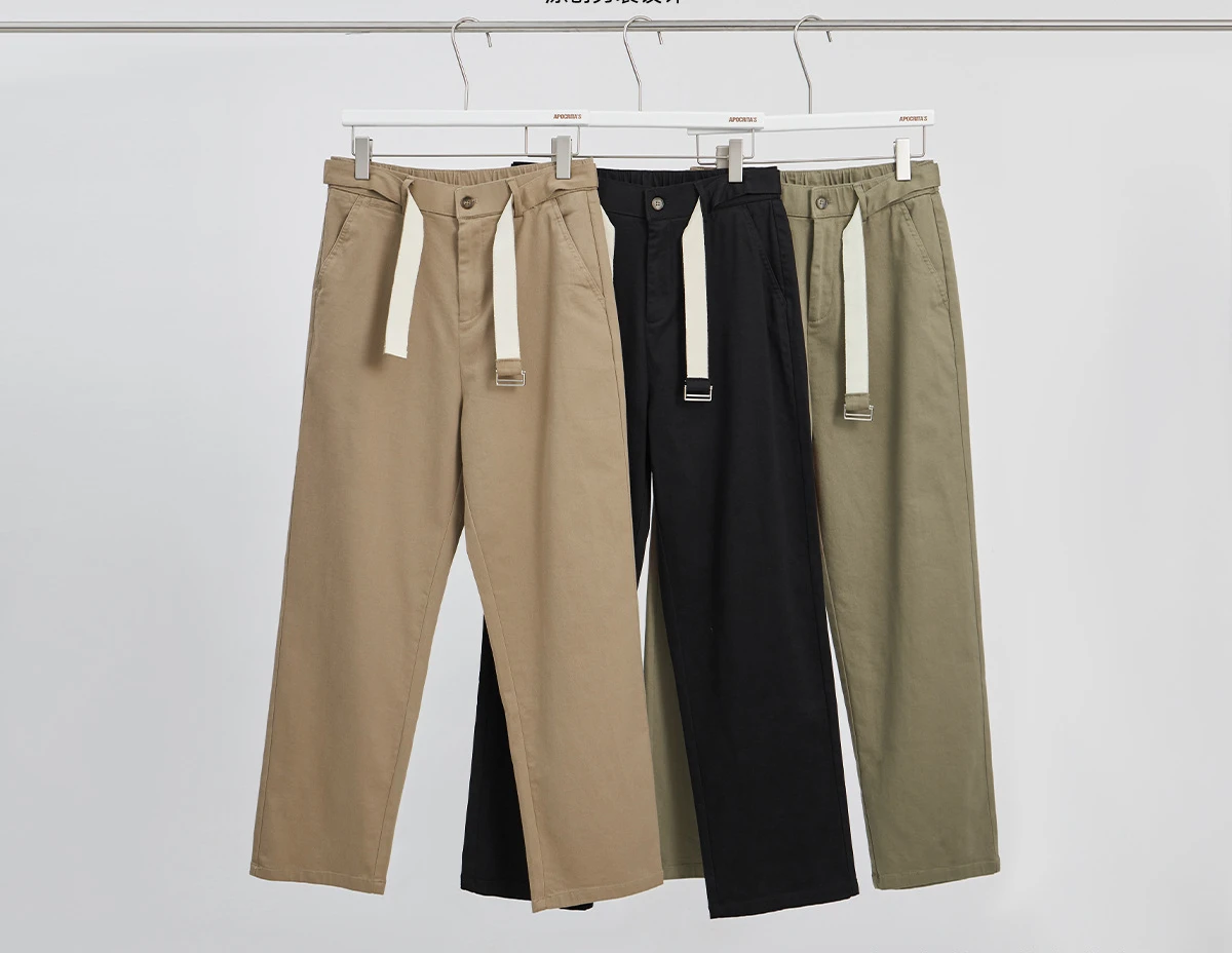 

Half Elastic Loose Slightly Wide Casual Pants for Men, with Spliced Webbing and Waist Belt, Contrasting Color Straight Leg Pants