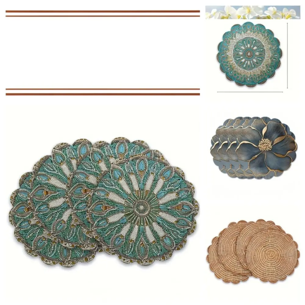 Lace Edge Linen Placemat Modern Printed Dining Table Mat Heat Resistant Washable Kitchen Desk Pad Home Kitchen Decor