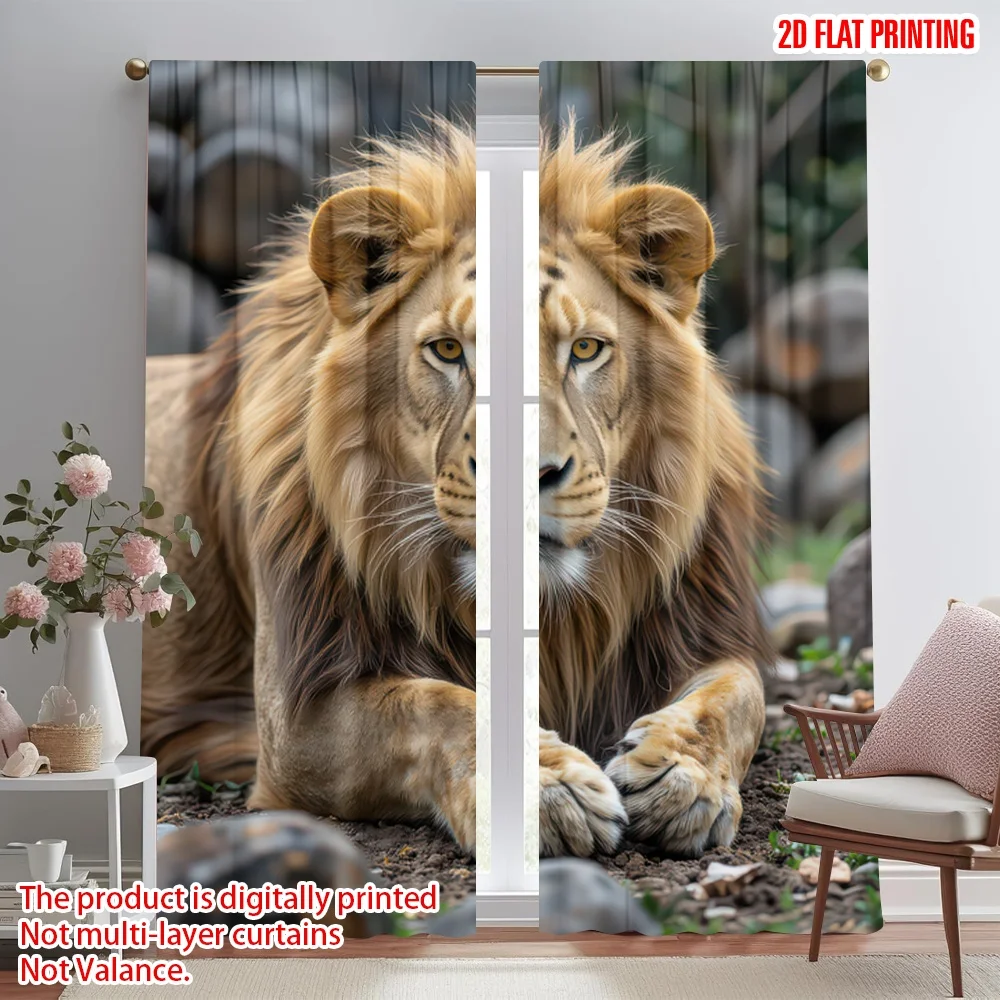 

2D flat printing 2pcs Curtains Majestic Lion Resting Digital Printed Polyester Drapes Seasonal Party & Holiday Decor Use for