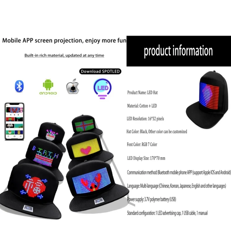 16*32Bluetooth Creative LED Lighting Hat RGB Programmable Shining Screen Cap Multilingual Display Advertising Cap for Prom Party