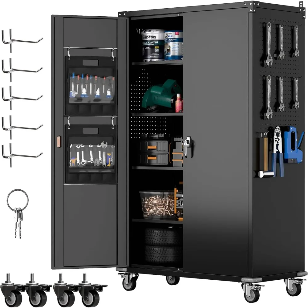 

Metal Garage Storage Cabinet with Pegboard,Rolling Tool Storage Cabinet with Wheels and Adjustable Shelves for Garage,Home,Pantr