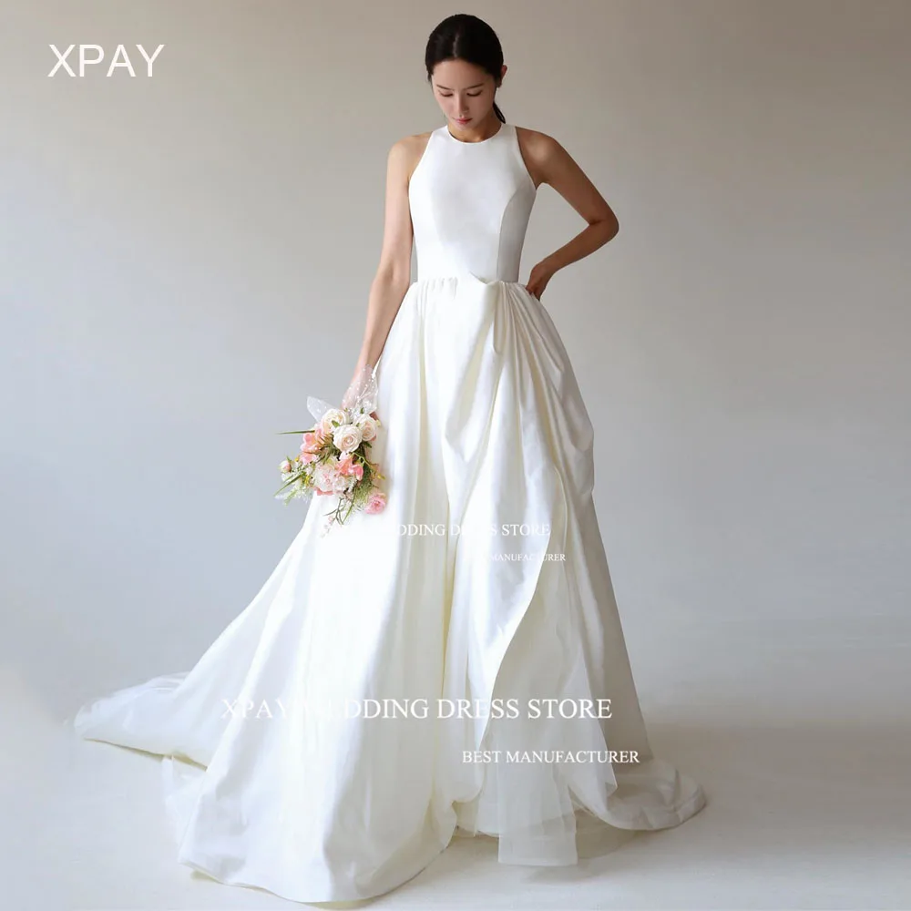 Xpay o pescoço coreia vestido de casamento sem mangas personalizado aberto volta vestido de noiva sem costas até o chão plissados vestido de noiva sessão de fotos