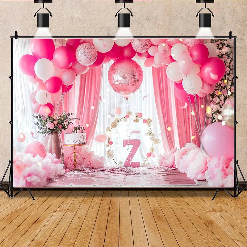 

Happy Birthday Photography Background Number Pink Bear doll Hydrogen balloon Floral Baby Party Backdrops SR-83