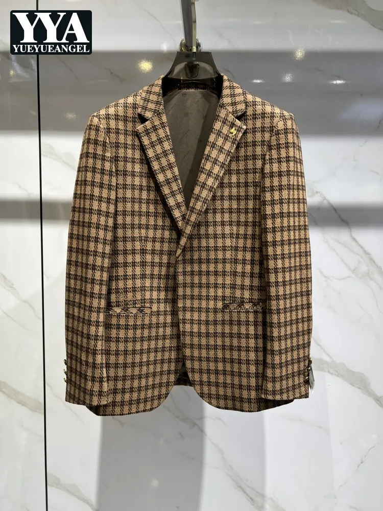 

Autumn Winter Outerwear Mens Vintage Plaid Suit Jacket Business Casual Office Gentleman Slim Fit Work Woolen Blazers Coat New
