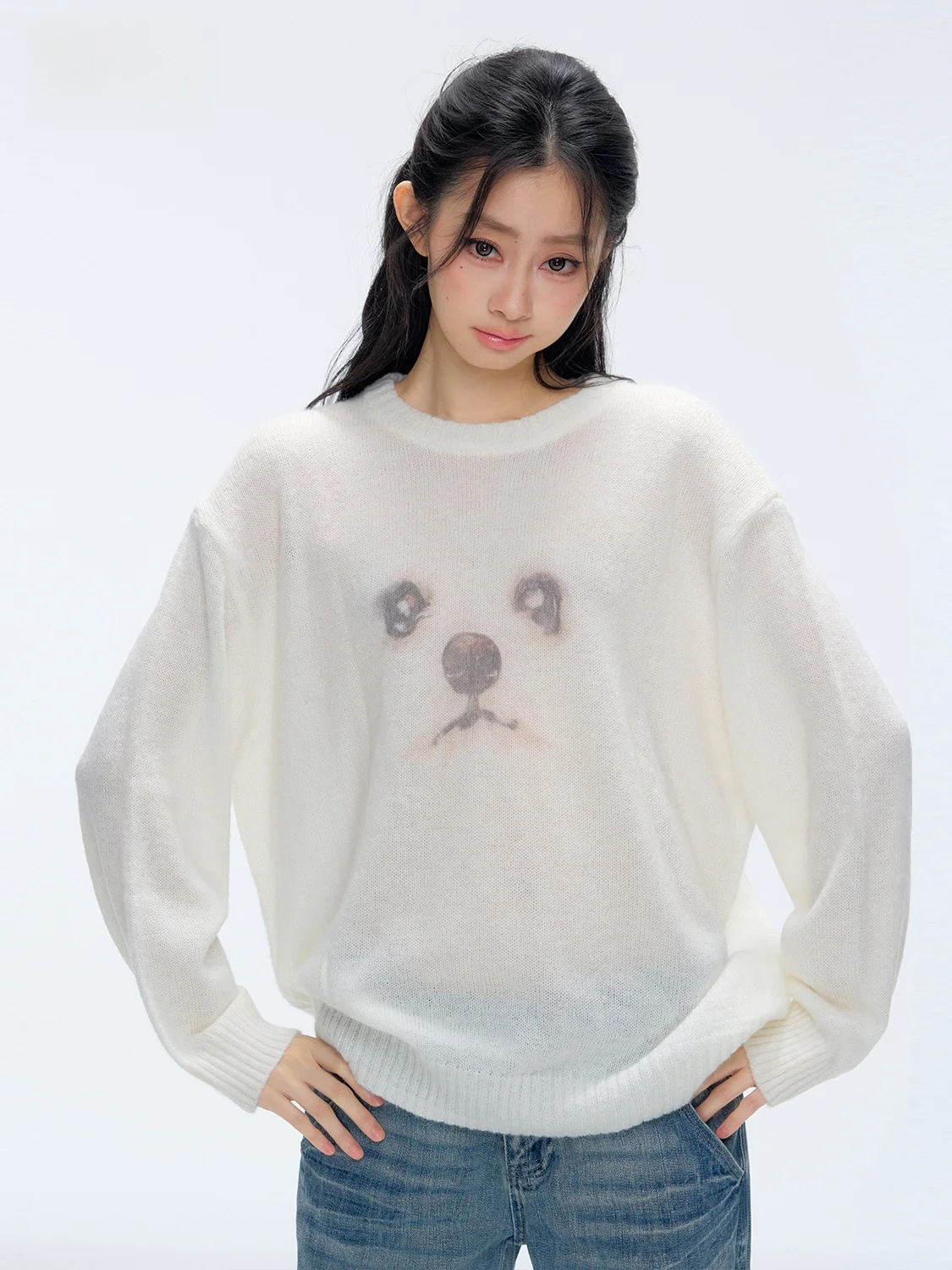

PUNCH 25AW Women's Loose Long Sve Knitted Sweater White Mouton Dog Pattern Autumn Winter Faion Commute Sle Top