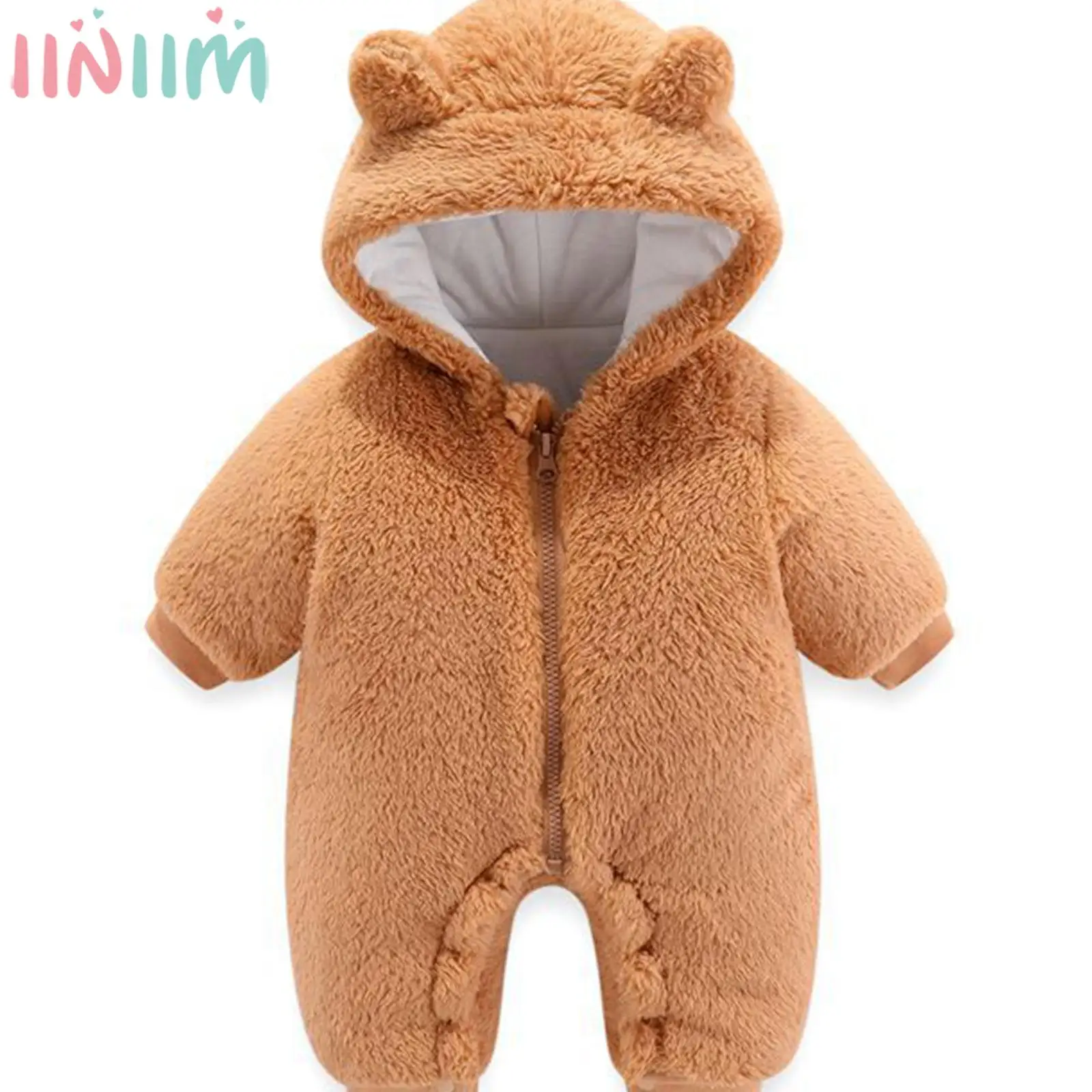 Baby Winter Warm Hooded Rompers Long Sleeve Zipper Thick Fleece Jumpsuit Coat Teddy Bear Bodysuit Outerwear Daily Wear Homewear