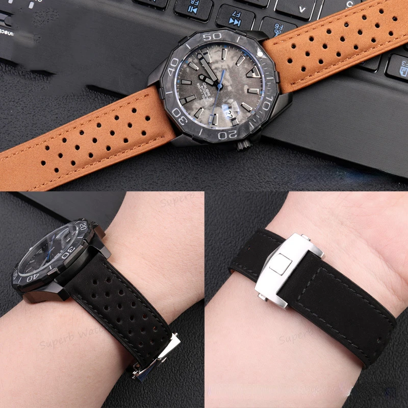 20 22 24mm Cowhide Leather Bracelet for TAG HEUER CARRERA Monaco Series Frosted Genuine Leather Watchband Wristbelt Brown Band