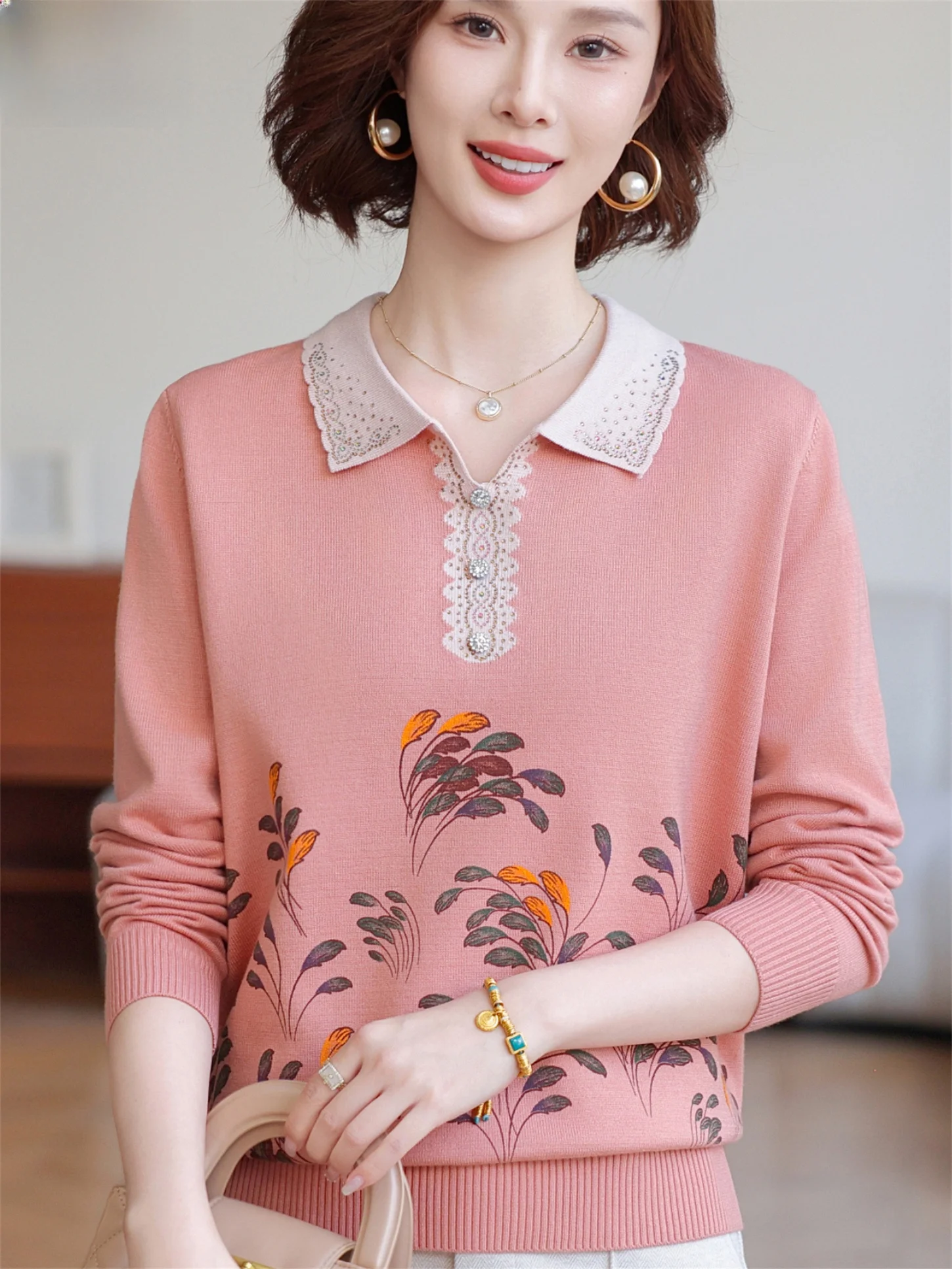 

Faionable Long Sve Knitted Wool Base irt Thin Loose Fit Large Size Spring Autumn Top for Middle Aged And ly Women