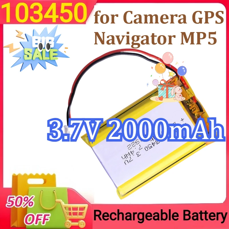 

103450 Polymer Lithium Rechargeable Battery Jst PH 2.0mm 2pin Plug for Camera GPS Navigator MP5 Bluetooth Headset 3.7V 2000mAh