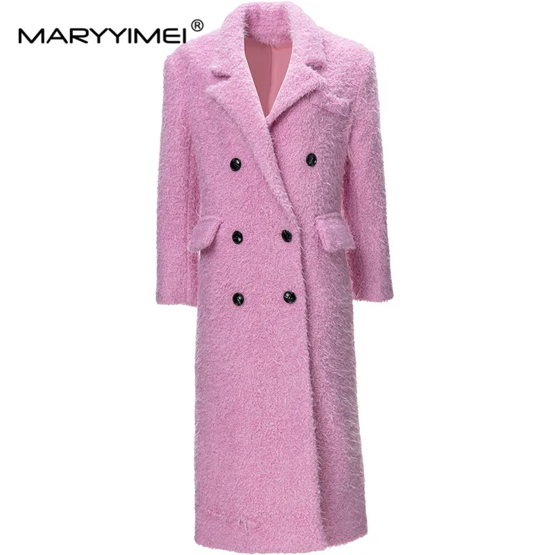 

MARYYIMEI High Street Fashion Designer Autumn/Winter Outerwear Women's Lapel Double-Breasted Side Pocket Pink Woolen Overcoat